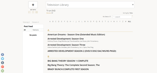 My Television Library list on libib.com, after scanning titles in through the Android app. (Screen capture by Lindsey for TMP)