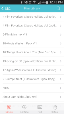 The lists in Libib's app are alphabetized, but not sectioned off by first character. (Screen capture by Lindsey for TMP)